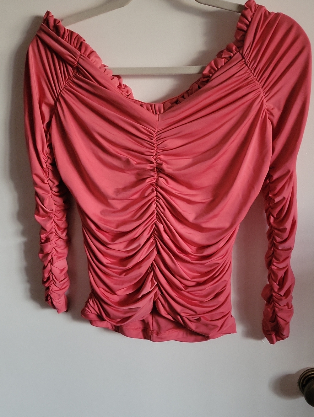 Express Bodycon Ruched Coral Pink Long-Sleeve Blouse